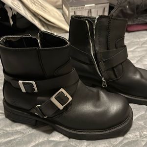 Skechers Black Leather Motorcycle Boots Genuine Leather Heavy Duty Side Zip 7.5